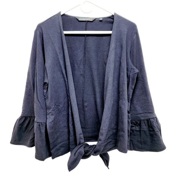 Colleen Lopez Navy Ruffle Sleeve Open-Front Black Cardigan Sweater Size M New - Picture 1 of 15